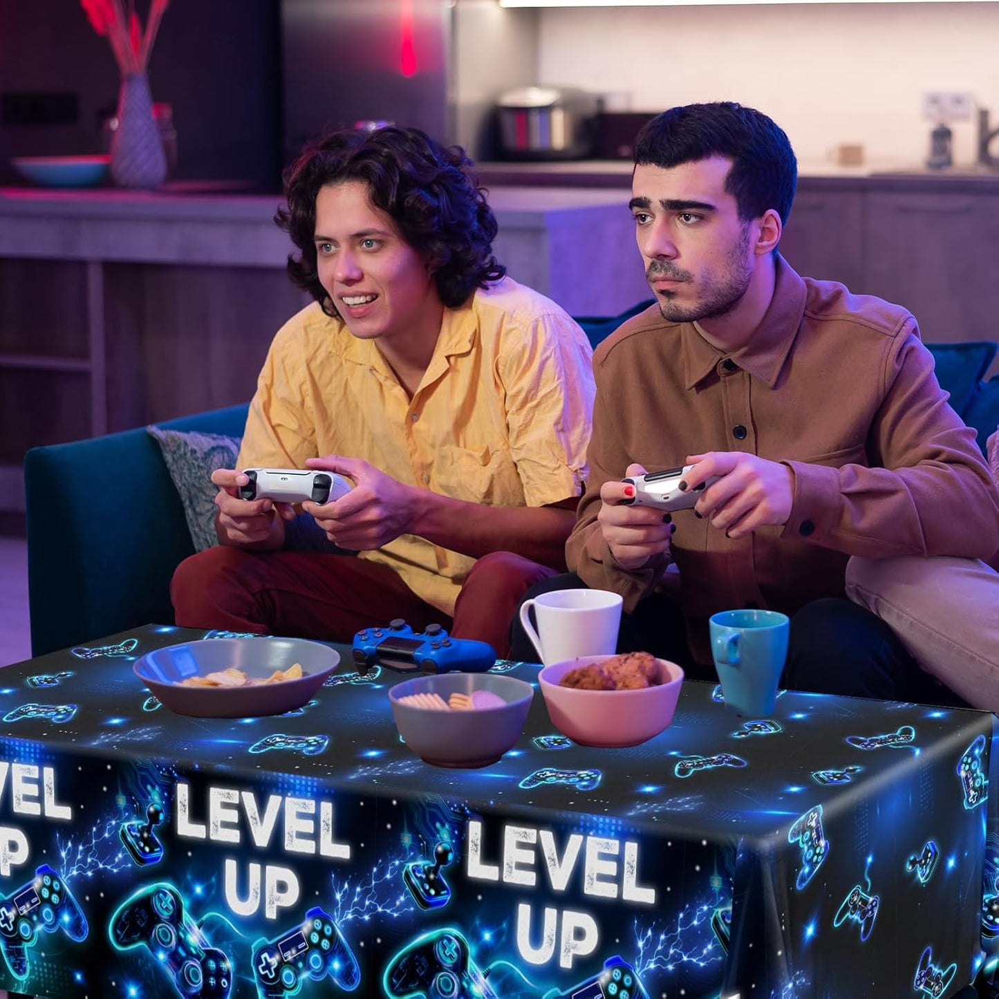 Skiennix Video Game Tablecloths - Neon Gaming Design for Boys & Girls | 4-Pack Rectangle Party Decor