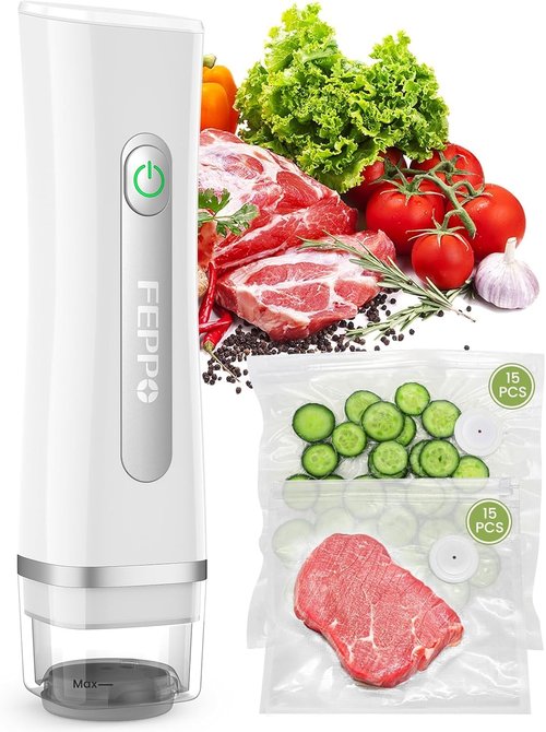 FEPPO Vacuum Sealer - Handheld Food Saver with Visible Water Tank & 30 Reusable Bags | Compact Design, White
