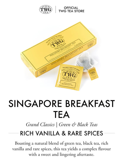 TWG Tea | Singapore Breakfast Tea | Black Tea & Green Tea | Vanilla & Spices | 15 Hand Sewn Cotton Tea Bags | Gift Set