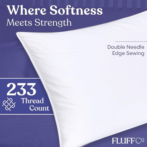 FluffCo Down Alternative Pillows - Cooling Queen Bed Pillows Set of 2 | Machine Washable & USA Made