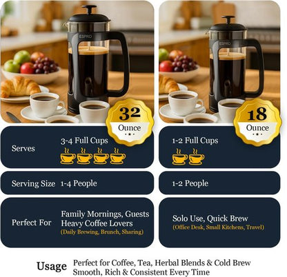ESPRO P3 French Press Coffee Maker - Patented Double Micro-Filter for Grit-Free Brew | Black 32 oz
