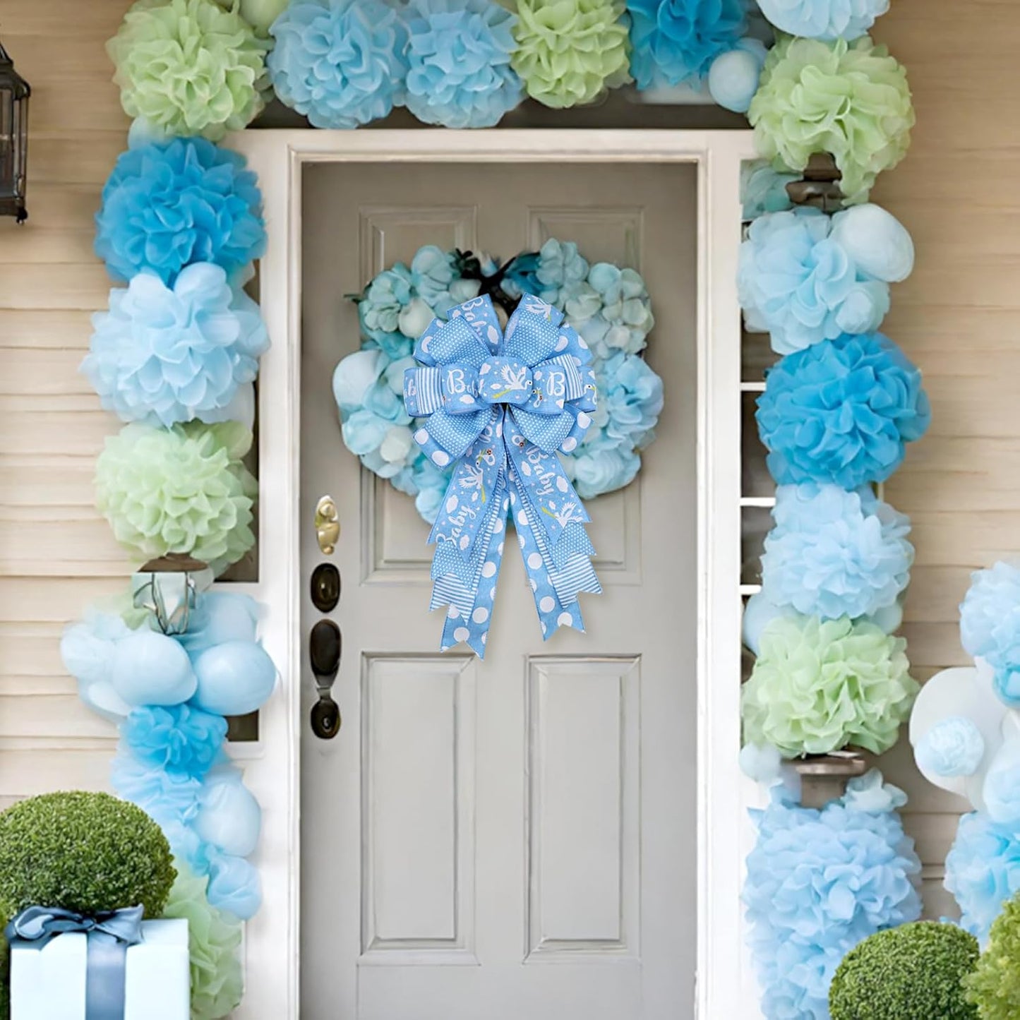 Montekin Large Baby Shower Bows - 20x11 Inch Wired Burlap Wreath Bow for Boys & Girls | Spring Decoration (Blue)