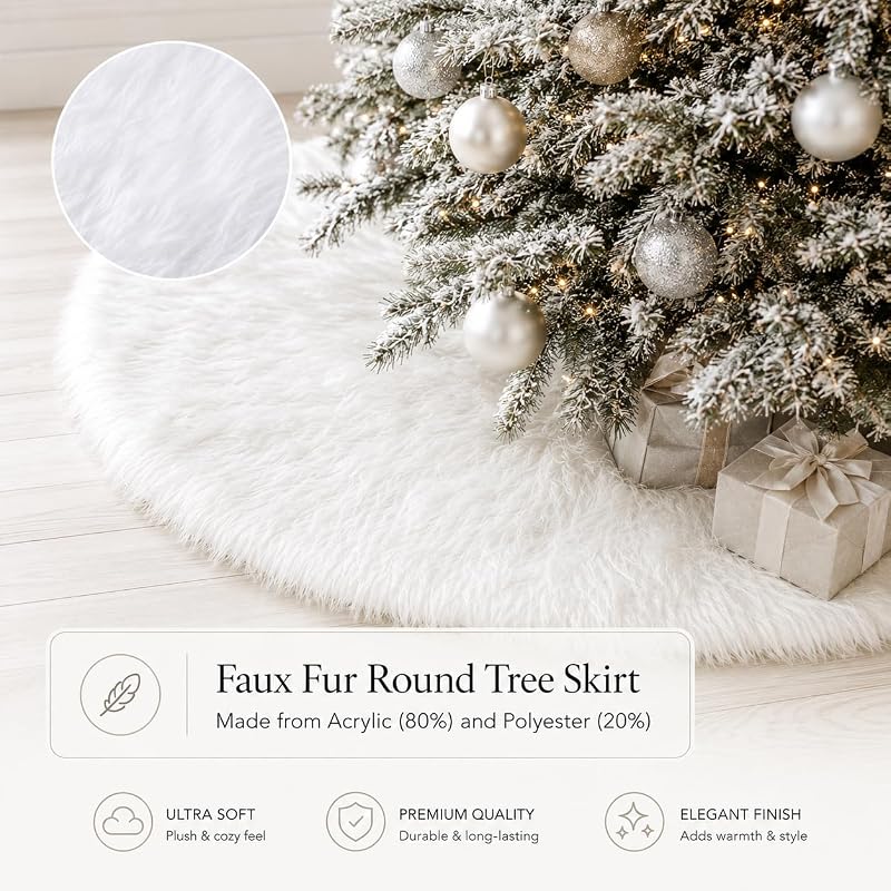 YEAHOME 72" White Faux Fur Christmas Tree Skirt – Snowy Plush Holiday Decor (Variation: White+72 inch)