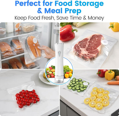 Skiennix Vacuum Sealer - Handheld Food Sealer with Visible Tank & 30 Reusable Bags | Wireless & Portable, White