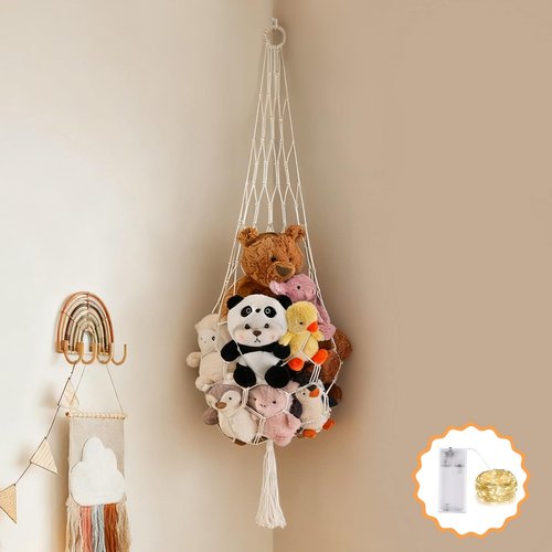 CERETIA Stuffed Animal Hammock Corner Net Plushies Storage Hammock for Stuffed Animals Boho Room Decor Macrame Wall Decor with LED Light