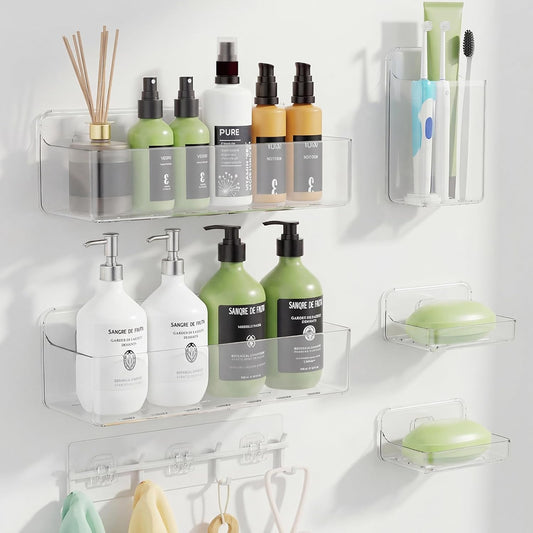 Skiennix Adhesive Shower Caddy - Rustproof 6-Pack Shower Shelves for No-Drill Bathroom Storage | Clear