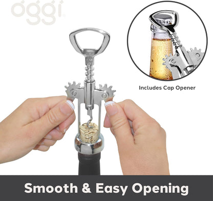 OGGI Wine Opener, Wing Corkscrew, Metal Manual Wine Bottle Opener, Multifunctional Cork Screw for Home & Waiters with Beer Bottle Opener, Durable Design