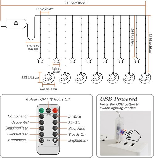 Lewondr 138 LED Moon Star Fairy Lights - USB Powered Curtain String Lights with Remote Control | 8 Modes & 6H Timer for Ramadan Decorations
