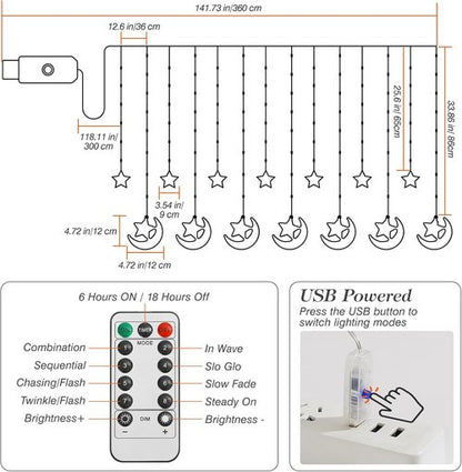 Lewondr 138 LED Moon Star Fairy Lights - USB Powered Curtain String Lights with Remote Control | 8 Modes & 6H Timer for Ramadan Decorations