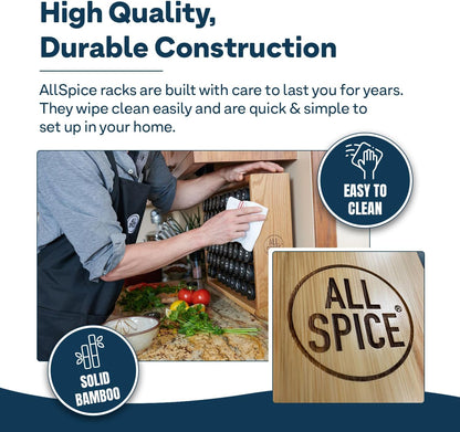 AllSpice Spice Rack Organizer - Bamboo Wood with 525 Unique Labels & 30 4oz Jars | Countertop or Wall Mount