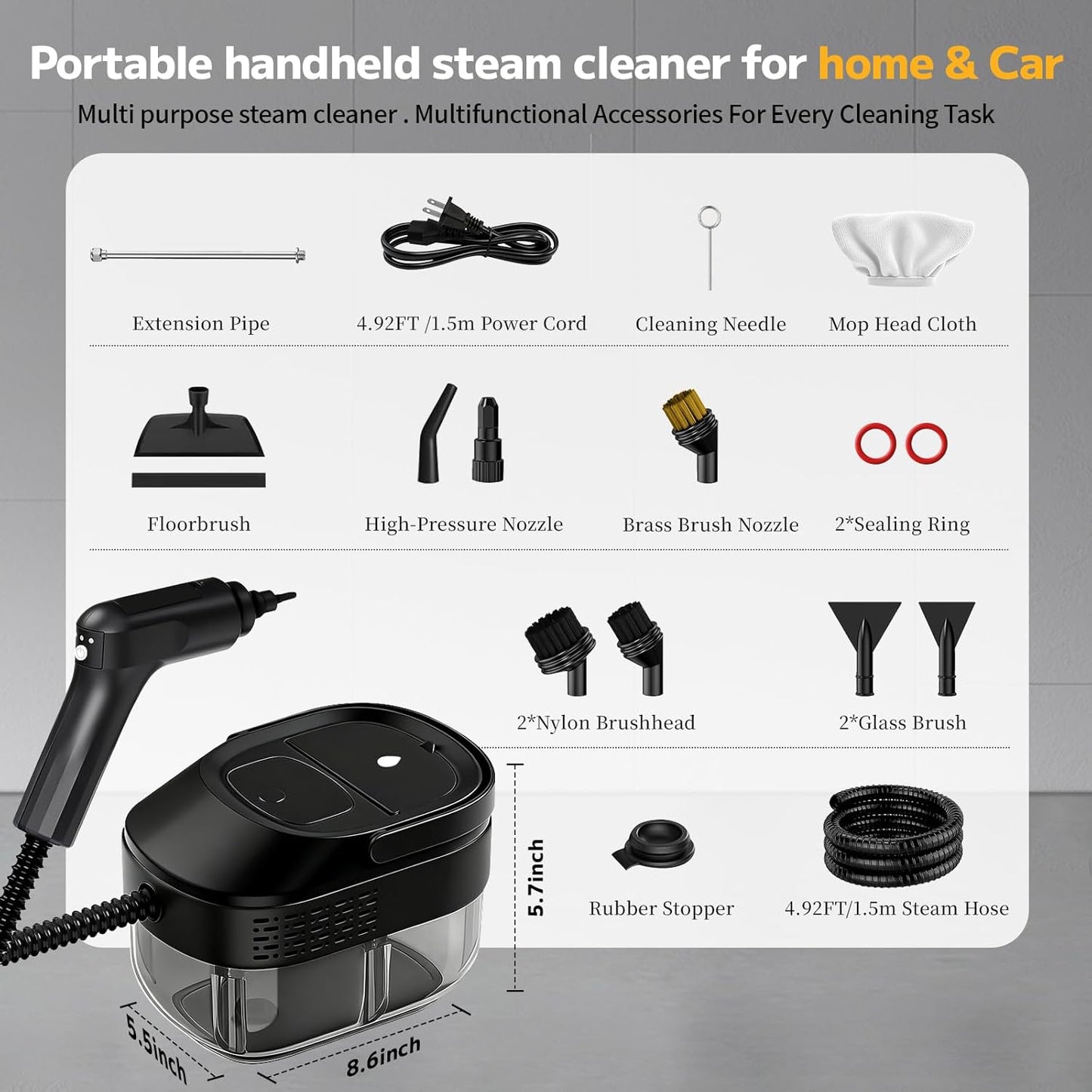 Pressurized Steam Cleaner by [Brand Name] - 54oz Portable Steamer with 15-Piece Kit & 15s Fast Heat-Up | Classic Black