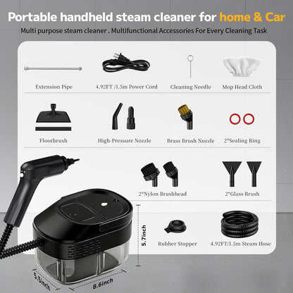 Pressurized Steam Cleaner by [Brand Name] - 54oz Portable Steamer with 15-Piece Kit & 15s Fast Heat-Up | Classic Black