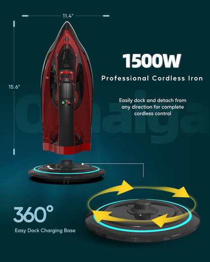 Omaiga 1500W Cordless Iron for Clothes, Wireless Steam Iron with Rapid Heating & Auto Shut Off, for Effective Wrinkle Removal