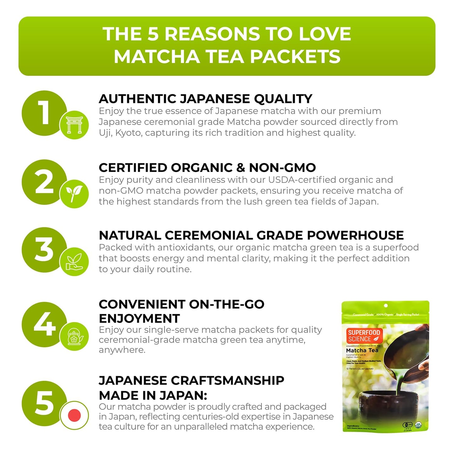 Superfood Science Ceremonial Grade Matcha Powder Packets, 12 Matcha Individual Packets, Unsweetened Organic Matcha Green Tea from Uji, Japan, 2 g/packet for Antioxidant, Alkalizer, & Mental Alertness