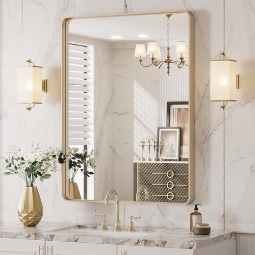 LOAAO Gold Bathroom Mirror - 24”X32” Rounded Rectangle Design | Brushed Gold Frame, Anti-Rust, Versatile Mounting