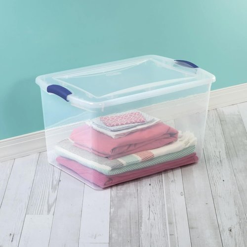 Clear Plastic Storage Bins by [Brand Name] - 66 Quart Durable Containers with Secure Blue Latch Lid | Stackable for Home & Garage Organization