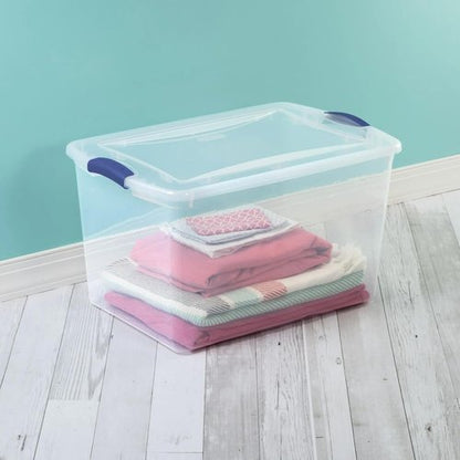 Clear Plastic Storage Bins by [Brand Name] - 66 Quart Durable Containers with Secure Blue Latch Lid | Stackable for Home & Garage Organization