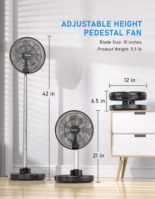 Faraday 12” Oscillating Standing Fan - Portable & Quiet Rechargeable Pedestal Fan with Remote & Timer | Adjustable Height for Home & Office