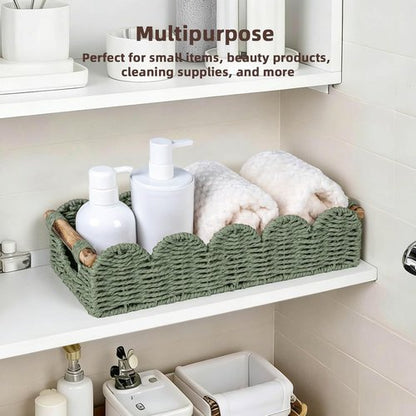 CubesLand Bathroom Basket Organizer - Scalloped Wicker Storage Tray with Cut-Out Handle | Green