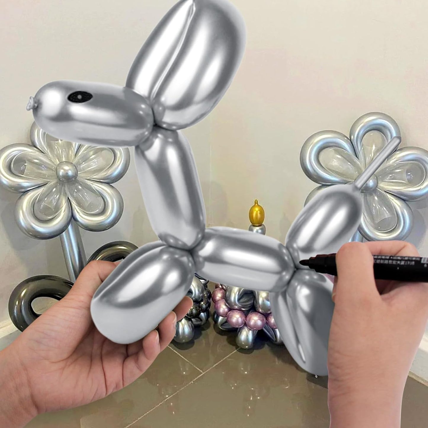 Skiennix 100Pcs Metallic Silver Long Balloons - Skinny Latex Twisting Balloons for Animal Modeling & Party Decor