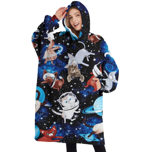 Touchbetter Cats Space Wearable Oversized Blanket, Sherpa Blanket Hooded with Super Pockets, Super Warm Fuzzy Pullover for Adults