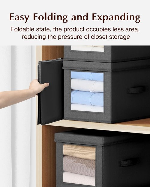 Homsorout Collapsible Storage Bins - Foldable 15-Inch Decorative Boxes with Lids & Side Window | 5-Pack, Black