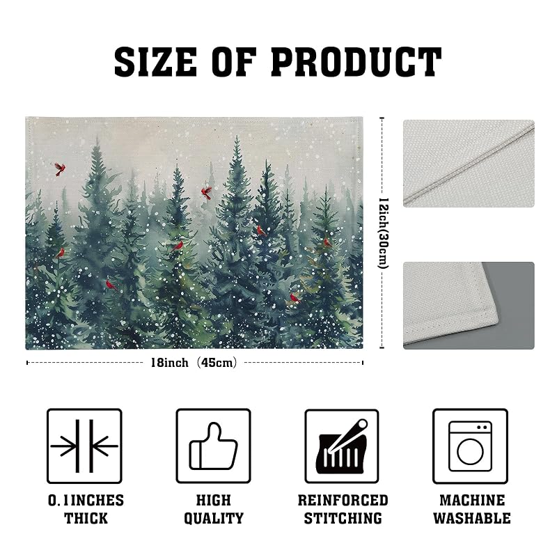 Winter Tree Placemats Set of 4 - 12x18 In Linen Christmas Forest with Red Birds