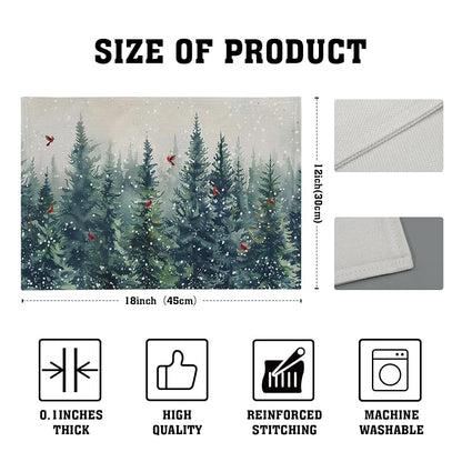 Winter Tree Placemats Set of 4 - 12x18 In Linen Christmas Forest with Red Birds
