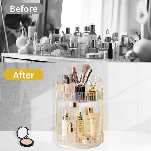 Asayuee 360 Rotating Makeup Organizer - 2 Tier Large Capacity for Skincare & Perfume | Clear Countertop Storage