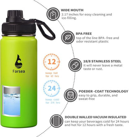 Farsea Insulated Water Bottle - 18 oz Stainless Steel with Paracord Handle & 2 Lids | Sweat-Proof & BPA-Free