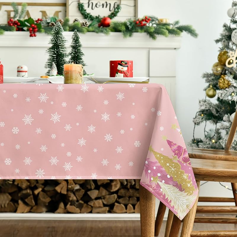 Horaldaily Pink 60"x60" Christmas Tablecloth - Winter Stars Trees, Washable Square