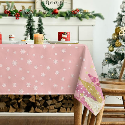 Horaldaily Pink 60"x60" Christmas Tablecloth - Winter Stars Trees, Washable Square