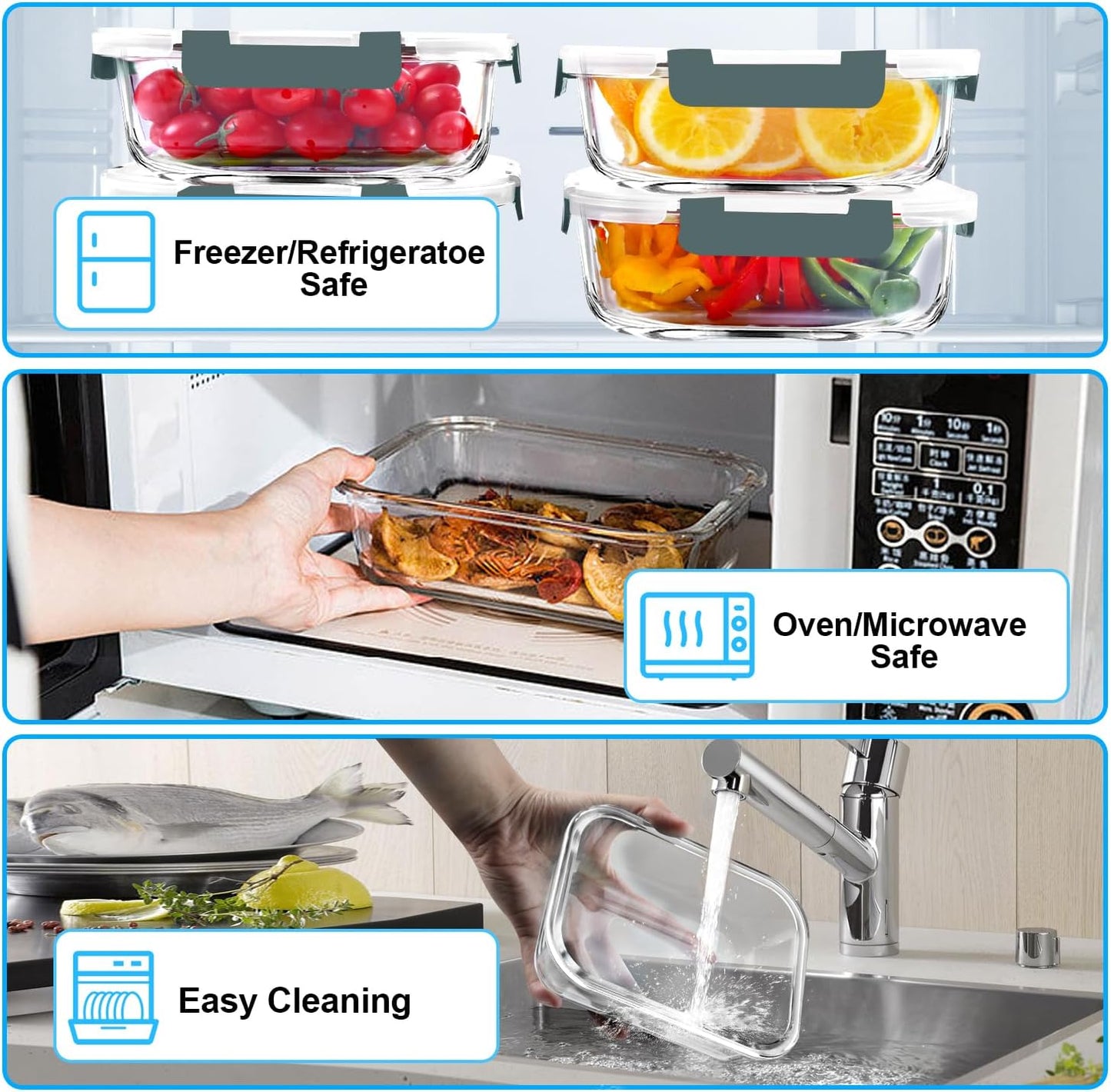 VERONES Glass Meal Prep Containers - 5 Pack Airtight 36 OZ Lunch Storage Set | BPA-Free, Microwave & Oven Safe, Grey