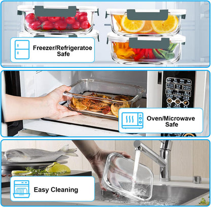VERONES Glass Meal Prep Containers - 5 Pack Airtight 36 OZ Lunch Storage Set | BPA-Free, Microwave & Oven Safe, Grey