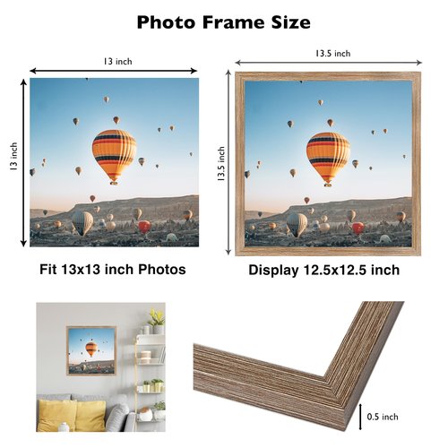 JCJMY 13x13 Picture Frame Rustic Brown for Wall Hanging, Wall Mounting Horizontally or Vertically, 13 x 13 Square Wall Gallery Poster Photo Frame with Shatter Resistant Plexiglass, Rustic Brown