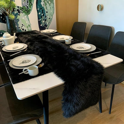 Black Faux Fur Table Runner 12x36 Inch - Fluffy Halloween Winter Decor - Variation: Black+12x36 Inch