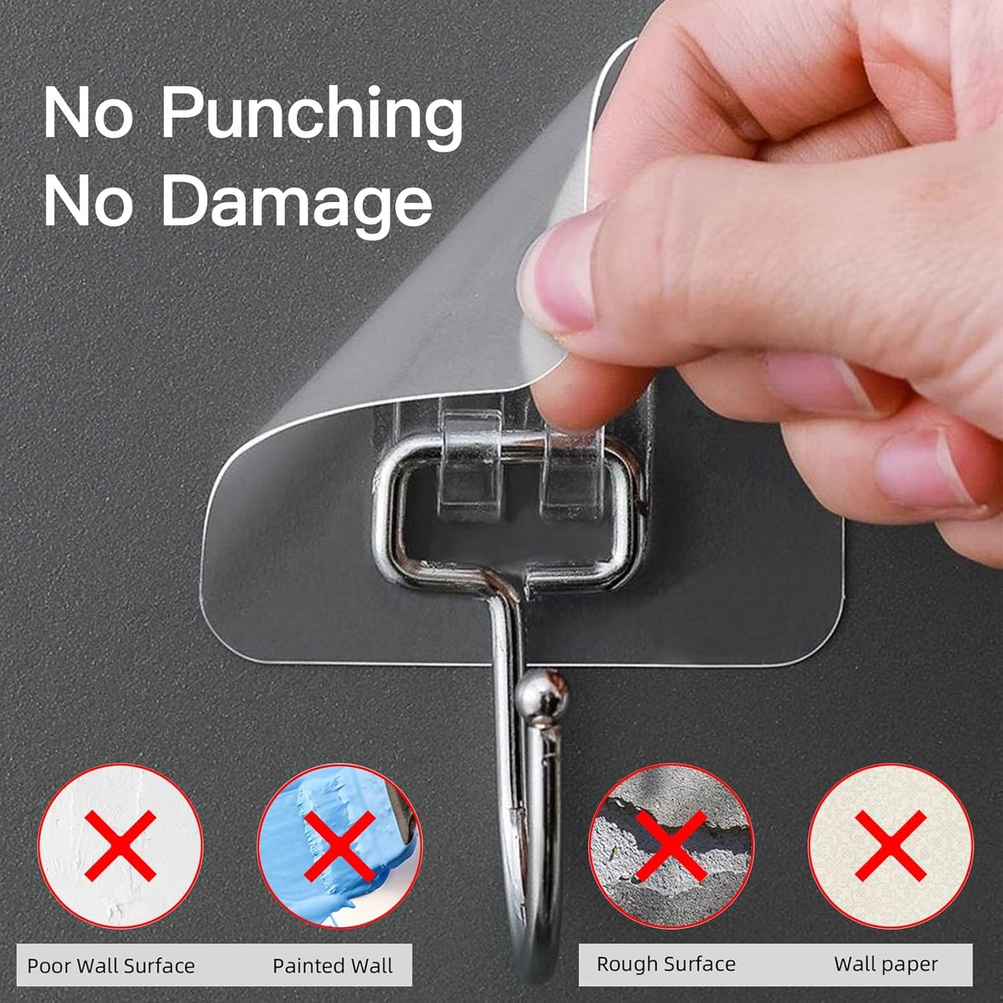 Skiennix Heavy-Duty Wall Hooks - 44lb Capacity, Self-Adhesive & Removable, 10-Pack, Clear & Waterproof