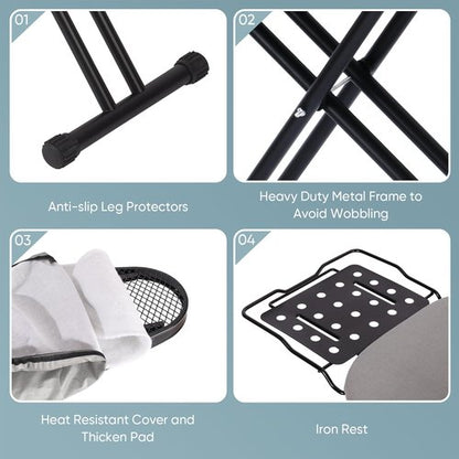 Jakeefud Deluxe Ironing Board - Heat Resistant Cover & Thick Felt Pad | Full Size, Foldable (Light Grey)