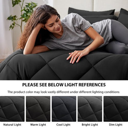 Love's cabin Queen Comforter Set Black, 7 Pieces Queen Bed in a Bag, All Season Bedding Sets with 1 Comforter, 1 Flat Sheet, 1 Fitted Sheet, 2 Pillowcase and 2 Pillow Sham