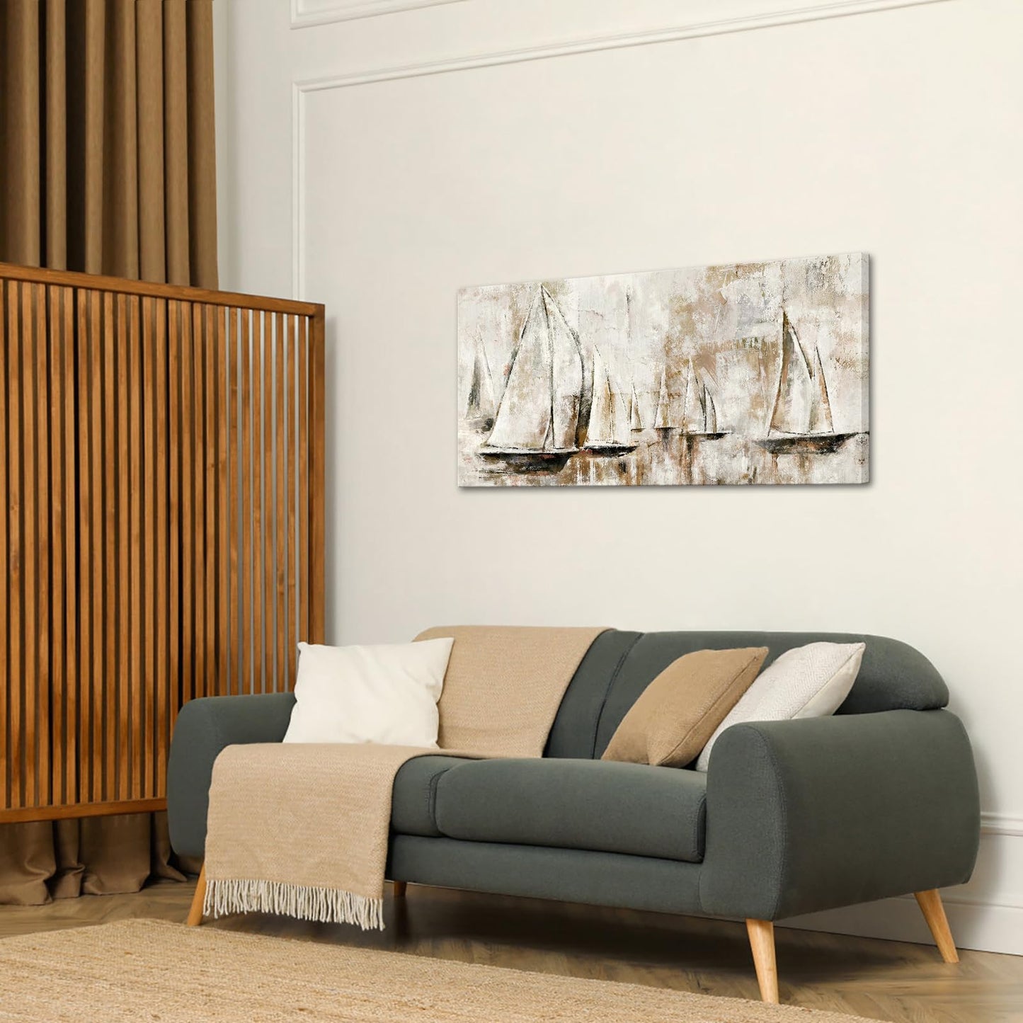 sechars Sailboats Painting Canvas Art Abstract Sailing Boats Wall Decor Rustic Nautical Theme Home Office Living Room Decorations 24x48 Inch (Brown)