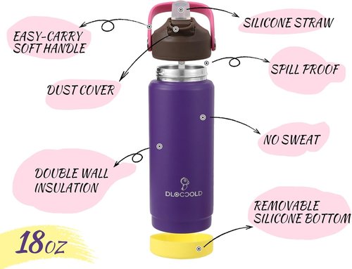 DLOCCOLD Insulated Kids Water Bottle - Leak Proof Straw Lid, Double Wall Stainless Steel, Reusable Tumbler for Travel