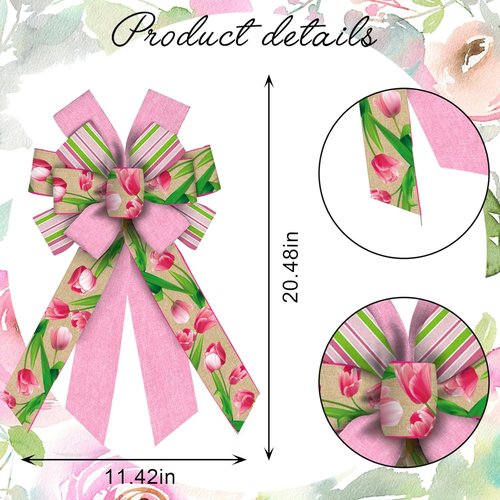 Hying Large Flower Bow - Pink Striped Burlap Craft Bow for Spring Wreaths & Easter Decor