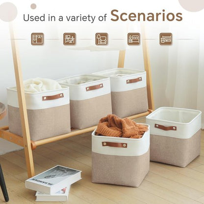 FinishingBo Cube Storage Baskets - 6 Pack 11x11 Inch Bins with Leather Handles for Closet | White & Khaki