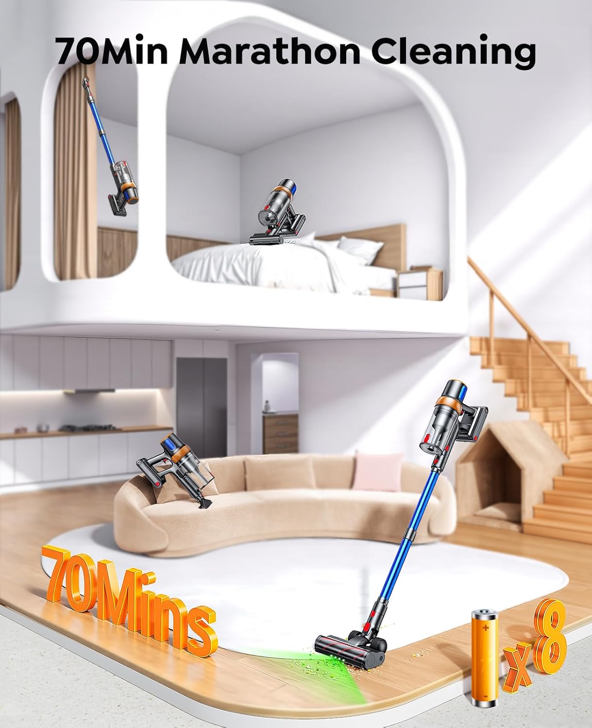 Skiennix Cordless Vacuum Cleaner - 650W 55KPA Power, 70-Minute Runtime, Extra Mattress Tool | Ideal for Pet Hair & Carpets