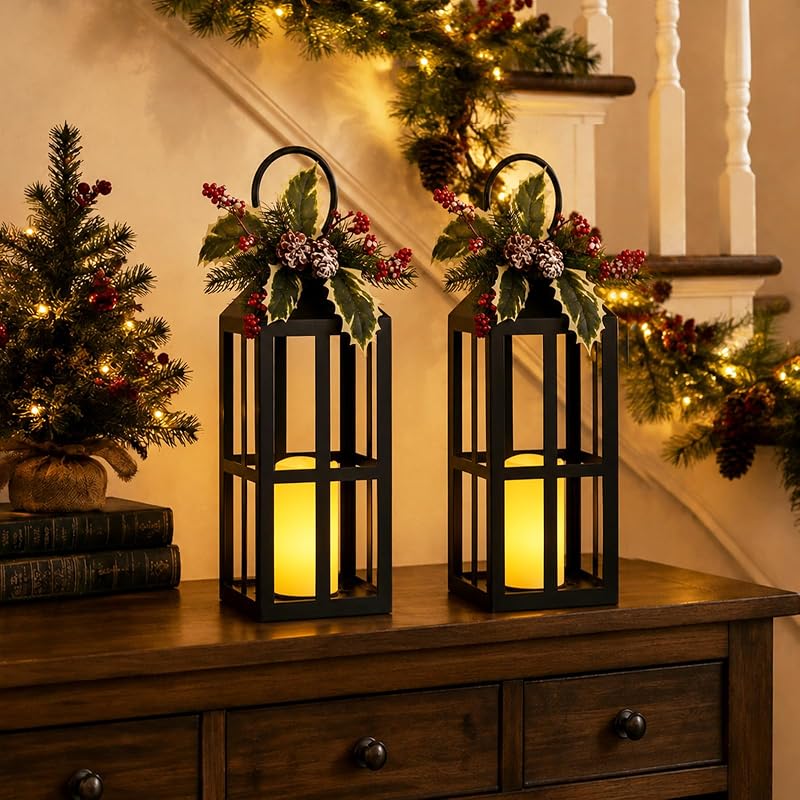 Bdor Christmas Lanterns 2 Pack with LED Candles - Red Variation