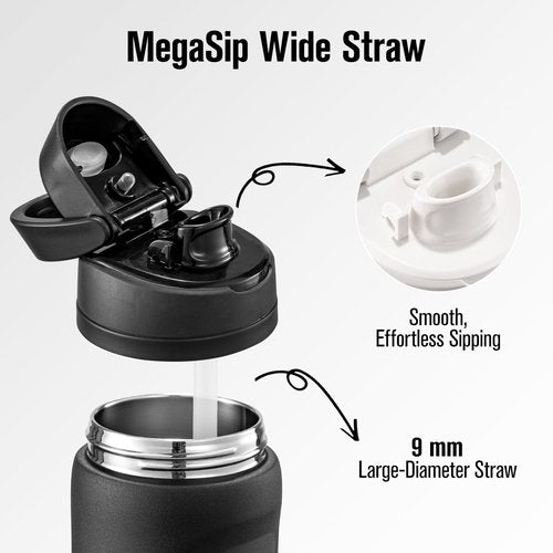 Coolflask MegaSip 32 oz Stainless Steel Water Bottle - Insulated, Leak-Proof, BPA-Free | Midnight Black