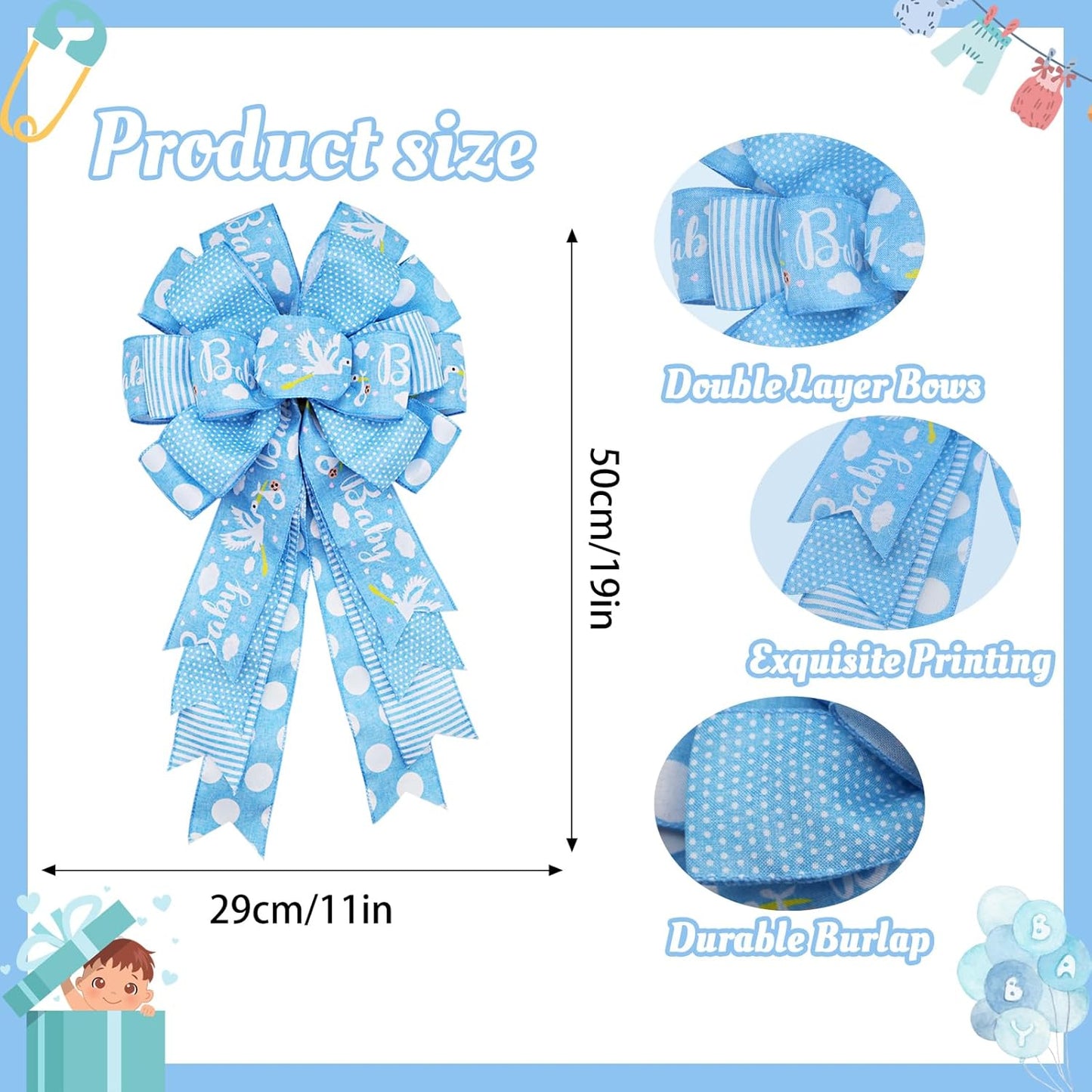 Montekin Large Baby Shower Bows - 20x11 Inch Wired Burlap Wreath Bow for Boys & Girls | Spring Decoration (Blue)