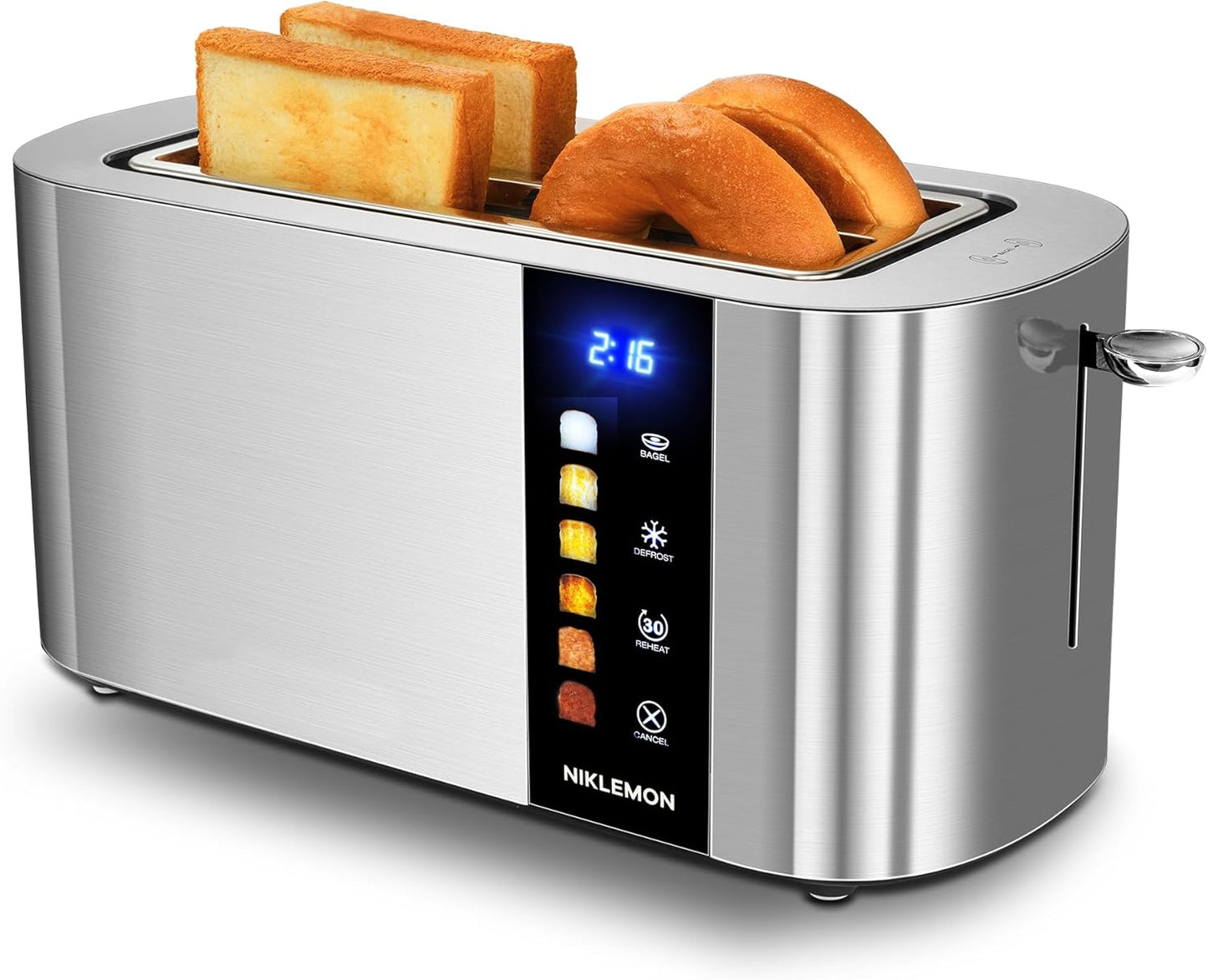 NIKLEMON 4-Slice Stainless Steel Toaster - LED Display, Touch Buttons, Extra Wide Slots, 1300W