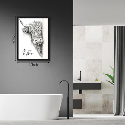 Skiennix Funny Highland Cow Wall Art - Black & White Rustic Bathroom Decor | 12x16 Inch Framed Canvas