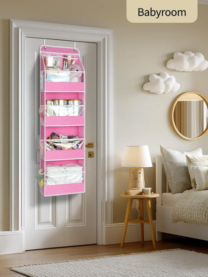 Yecaye 5-Tier Over The Door Organizer - Swing-Proof Hanging Storage with Clear PVC Windows | Bubblegum Pink